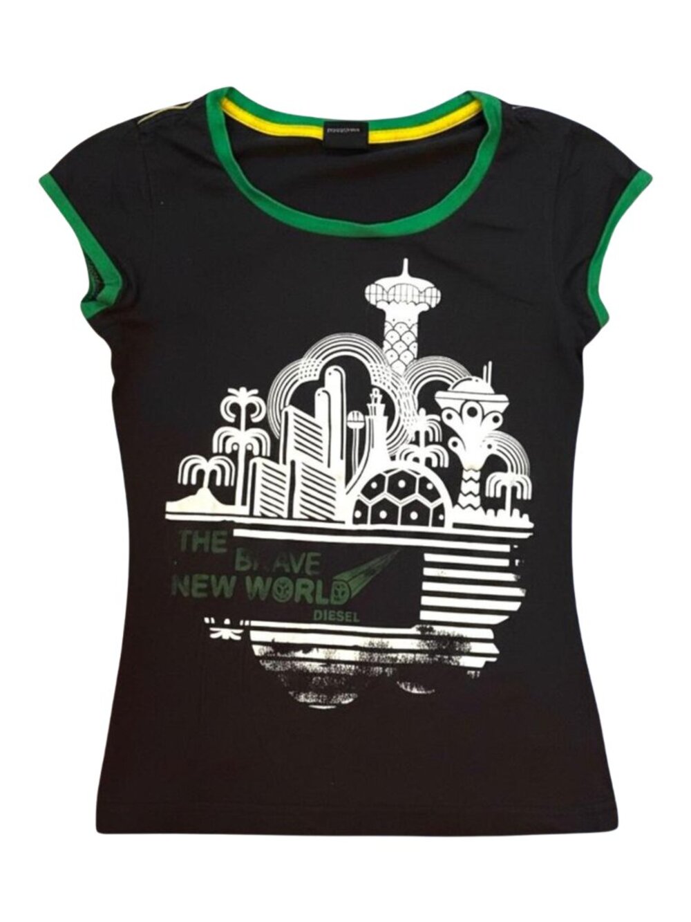 Diesel Graphic Baby Tee XS Black Green Trim “Brave New World” Y2K